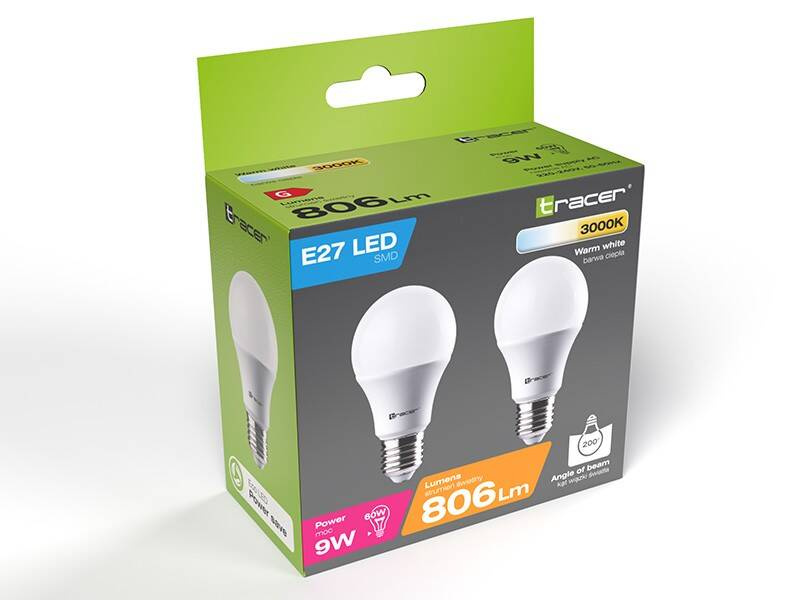Żarówka LED TRACER E27 9W=60W ciepła jasna 3000K, 2 pack